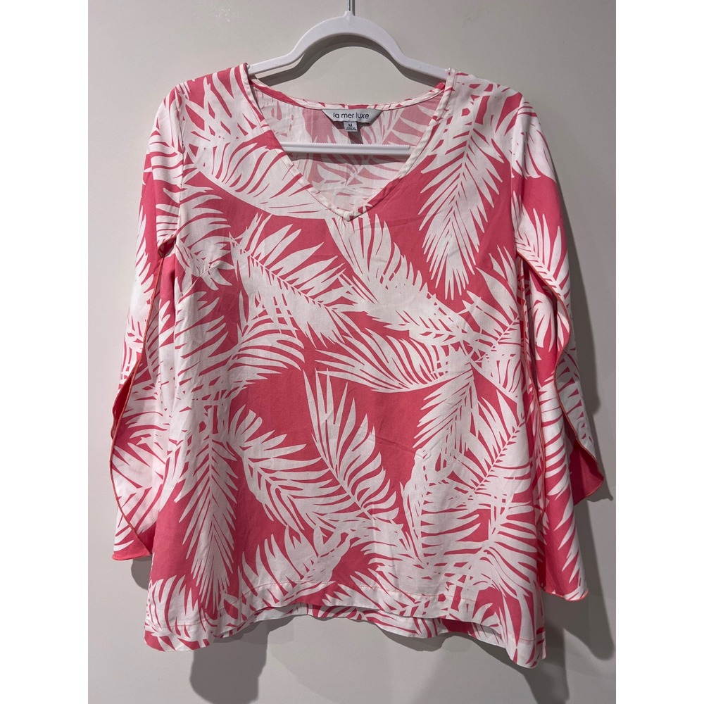 la mer luxe Women's Pink White Palm‎ Leaf Tropical Print V Neck Tunic Top Size M